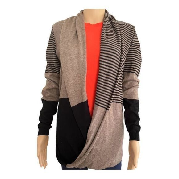 Max Studio strip/block cross over/wrap front cardigan sweater women M - Picture 2 of 13